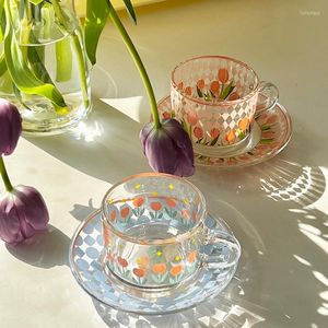 Cups Saucers CuteLife Ins Tulip Beautiful Flower Glass Cup Saucer Dessert Drinking Milk Iced Coffee Set Kitchen Decorative Breakfast