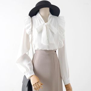 Women's Blouses Ruffles Women White Shirts Summer 2023 Bow Neck Long-Sleeved Elegant Office Lady Outwear Tops