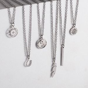 Pendant Necklaces Punk Stainless Steel Men Necklace Simple Couples Compass Rectangular Sun Feather Long Chain Women Choker Gifts