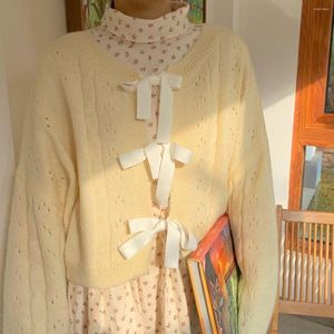 Women's Knits Light Yellow Cropped Cardigan Women Sweet Loose Lace Up Knitted Sweater Jackets Female Hollow Tops Fall 2023 Woman Clothing