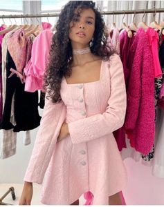 Casual Dresses 2023 Winter Imported Jacquard Pink Print Shiny Diamond Button Decoration A-line Short Dress
