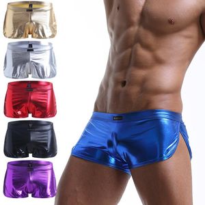 Underbyxor män underkläder låg midja imitation läder sexigt patent u konvex fickboxer shorts frestelseunderbyxor
