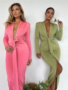 Casual Dresses WSevypo Autumn Elegant Fashion Bodycon Midi Dress Women Sexig långärmad Deep V Neck Wrap Party Pencil With Shoulder Pad