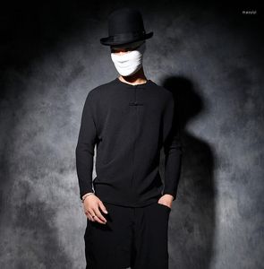Herr t-skjortor vintage kinesisk stil manlig långärmad t-shirt män all-match grundskjorta personlighetsplattknappar lös svart