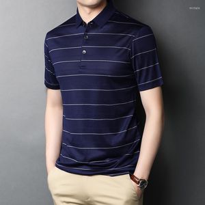 Herrpolos 2023 Summer Silk Lapel Business Casual Stripe Short Sleeve Polo Shirt Mercerized Cotton Half Top