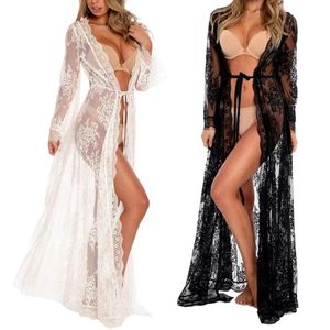 Kadın Mayo Kadınlar Yaz See-Through Floral Lace Maxi Plaj Elbise Taraklı Trim Açık Ön Kimono Hardigan Bikini Mayo Kapak