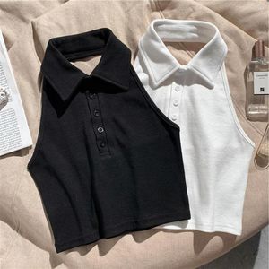 Damen-Poloshirts, stilvolle Neckholder-Weste, Streetwear, Knöpfe, Umlegekragen, ärmellos, schmal