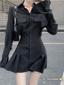 Casual Dresses Pleated Black Shirt Dress Women Elegant Vintage Long Sleeve Turn-Down Collar Robe Sexig gotisk streetwear