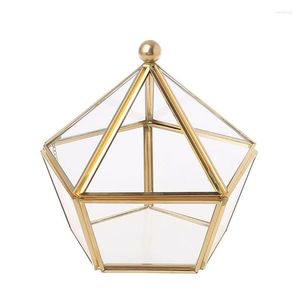Sacchetti per gioielli Petto decorativo vintage Terrario geometrico Scatola per vetrine Vetrina a forma di pentagono Vetro trasparente e ottone MXMF