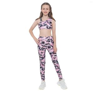 Clothing Sets Kids Girls Sport Suit Camouflage Workout Gymnastics Outfits Tank Crop Top With Pants Leggings Set For Yoga Ballet Dance