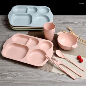 Dinnerware Sets 6PCS Wheat Straw Baby Tableware Set Children's Dishes Kids Dinner Platos Feeding Plate Training Bowl Spoon Fork Cup