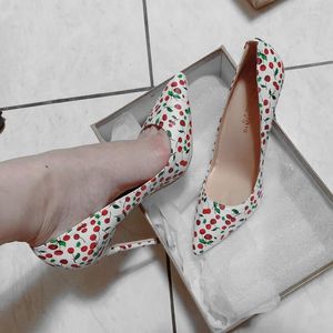 Dress Shoes White Cherry Pumps High Heels Thin Heel Versatile Single Pointed Toe Shallow Sweet Brand Women Zapatos Mujer