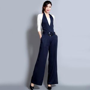 Kvinnors jumpsuits rompers fritidsbyxor svart självodling till och med bredbenta byxor med halsar Salopettes Lin Tai Womanwomen's