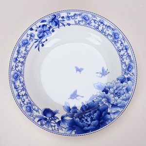 Plates Ceramic Plate Round Soup Deep Blue And White Porcelain Flat Household Tableware Set Table Decoration