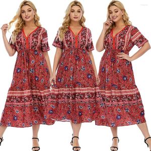 Ethnic Clothing Women Floral Print Long Dress Bohemian Casual Muslim Summer V-neck Short Sleeve Maxi Robe Abaya Middle East Islam Ramadan