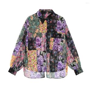 Kvinnors T-skjortor Autumn and Winter Fashion Women's Casual Lapel Långärmad bakre öppning Lace-up Design Flower Print Shirt Shirt