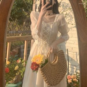 Sukienki swobodne francuskie vintage midi sukienki kobiety koronkowe eleganckie imprezę księżniczki wróżka 2023 Wiosna koreańska wiktoriańska wiktoriańska