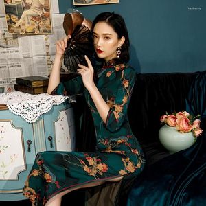 エスニック服2023グリーンエレガントレトロ女性中国の伝統ドレスQIPAO印刷Cheongsam Long Qi Pao Dresses Plusサイズ4xl