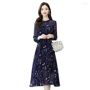 Casual Dresses Autumn Gentle Wind French Nisch Floral Chiffon Dress Womens Round Neck Midje Täcker kött Lång ärm Temperament Skir