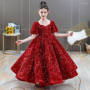 Vestidos de menina vermelhos elegantes mangas curtas elegantes lantejoulas de decote em v alcance A Comunhão infantil A-Line para casamentos A2051