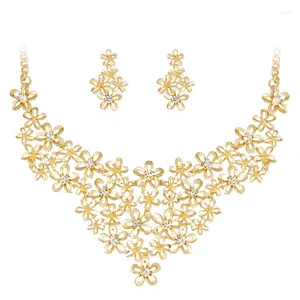 Halskette Ohrringe Set goldene Blume und trendige Strass Ohrringe Geschenke für Frauen Luxus Braut Hochzeit Schmuck
