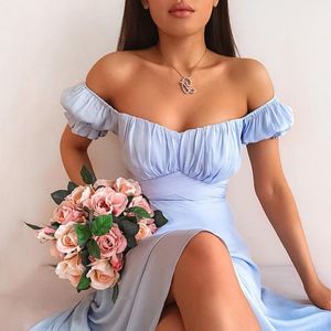 Casual Dresses Vintage Sexig klänning Kvinnor Elegant Long Puff Sleeve Floral Summer Party Stylish Split Midi Robe Ete Femme 2023