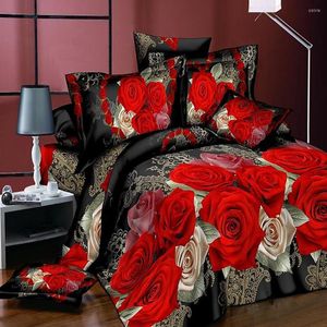 Defesa de cama conjunta clássica impressão de linho de cama de flor vermelha 4pcs/conjunto de edredão lateral pastoral lateral lateral