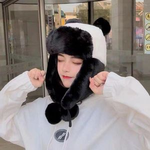 Berets Women Ski Cap Faux Fur Cute Panda Bomber Hats Hats Hat Hat Ushanka Rosyjska maska ​​na earflap