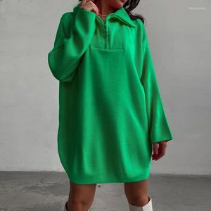 Casual Dresses Zipper Polo Neck Sweaters Mini Dress Long Sleeve Overdimensionerade tröjor Kvinnliga sömmar Ränder Sticked Jumper 2023