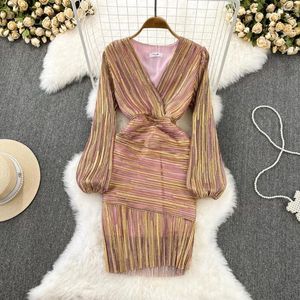 Abiti casual Amolapha Women Heavy Vintage scollo a V manica lunga vita sottile moda inverno party mini abito vestidos