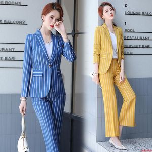 Women's Two Piece Pants Formal Elegant Women Suits Long Sleeve Jacket Blazer And Trousers Office Ladies Work Wear Pantsuit 2 Pieces Set Stri