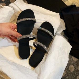 Slippers 2023Women's Summer Roman Flat Ladies Casual Solid Crystal Slaps Woman Bohemian Style Open Toe Concise Flip Flops