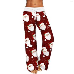 Women's Pants Womens Christmas Cartoon Santa Claus Print Wide Leg Pull Rope Elastic Drawstrings Sweatpants Straight Trousers