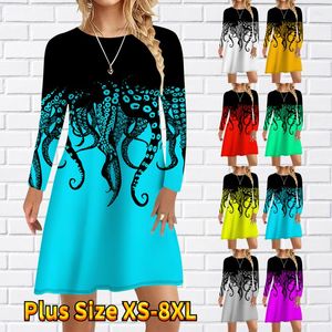 Casual klänningar Autumn Winter Womens Fashion Midi kjol Rund hals Löst storlek Party Design Trycktrender Långärm