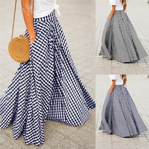 スカートレディースビンテージチェックチェックロングスカートジッパープリーツボヘミアンファムカジュアルポケットMaxi Skirtskirts