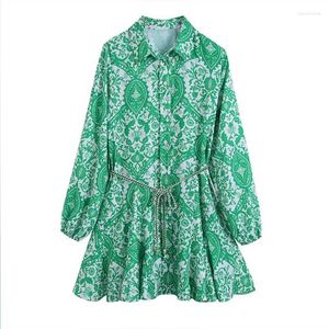 Casual Dresses 2023 Summer Women Vintage Shirts Dress Floral Print Sashes Bow Tie Female Fashion Street A-Line Mini Vestidos