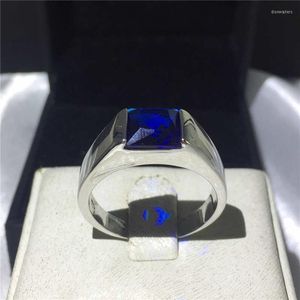 Pierłdy ślubne Solidny srebrny kolor 925 dla mężczyzn Kobiety Square Blue Sapphire Stone zespoły CZ obietnica pierścionka zaręczynowa męska biżuteria