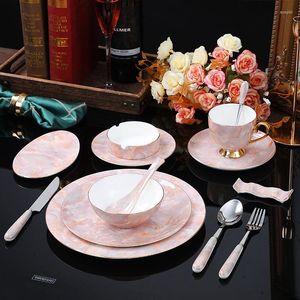 Servis uppsättningar Nordic Light Luxury Marbled Bone China Table Provis EL Western Dinner Plate Steak Coffee Cup Saucer Spoon Dish Set