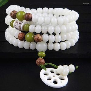 Strand misadas fios originais jade branca bodhi raiz contas feng shui pulseira para mulheres com 108 rosário lotus boa sorte jóias de amuleto