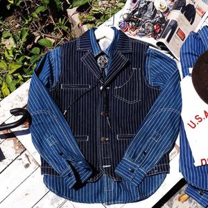 Herrtankstoppar vintage l kubansk amerikansk stil krage tung randig denim frock väst safari jacka