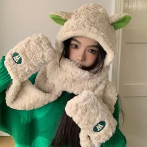 Berets EUMOAN Lamb Hat Scarf One Woman Winter Autumn And Cute Warm Hooded Plush Three-piece Set