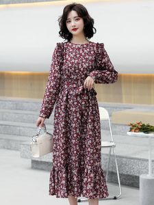 Casual Dresses French Style Women Claret-Red Yellow Floral O-Neck Long Sleeve Calf Length Fishtail Dress Romatic One Piece Robe 2023