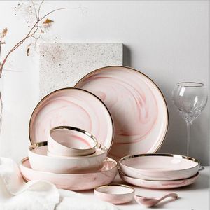 Talerze Różowy marmurowy zestaw obiadowy zestaw stołowy ceramiczny naczynia stołowe ryżowe makaron sałatkowy miska zupa darmowa dostawa