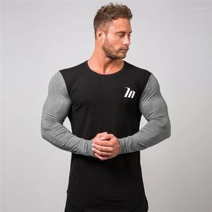 Camisetas masculinas Men Skinny Skinny Long S-Shirt Gyms Fitness Fitness Bodybuilding Mache Casual Cotton Cotton Patchwork