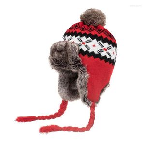 ベレー帽ウィンターロシア帽子女性男性屋外暖かい雪のイヤラフ帽子と毛皮のポンポム赤風のウールトラッパーボンバーキャップカシミア