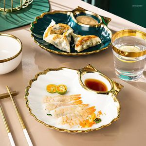 Plates Ceramic Seashell Plate Jiaozi Vinegar Dinner Dish Green Bowls Gold Inlay Sushi Breakfast French Fries Tableware Kitchen Supplies