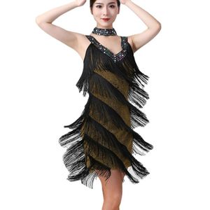 Vestidos casuais mulheres sexy Mulheres duplas V Vestido de Fringe com lantejoulas de pescoço de pescoço lantejacho Mini salsa rumba samba jazz latino dança de dança