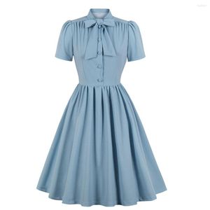 Party Dresses Vintage Style Solid Color Midi Pleated Dress Bow Tie Neck Button Up Elegant Women Summer Pinup 60s 50s Rockabilly 2023