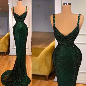 2023 Dark Green Mermaid Prom Dresses Designer Spaghetti Straps Sparkly Sequin Custom Made Evening Gown Formal OCN Wear Vestidos Plus Size 401 401