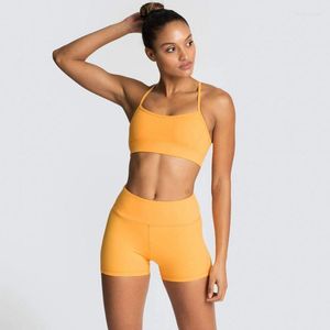 Aktif Setleri Spor Salonu Bayan Kıyafetleri 2023 Kadınlar İçin Egzersiz Kıyafetleri Sportwear Likra Spor Sutyen Şort Set Spor Giyim Sarı Giymek